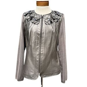 Peter Nygard Women’s Silver/Gray Leather & Knit Jacket with Flower Detai…